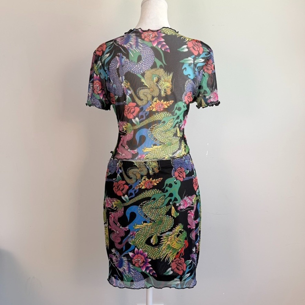 Y2K Asian Dragon Sheer Mesh Top and Mini Skirt Medium 2 Piece Set Indie Fairy - Picture 5 of 9